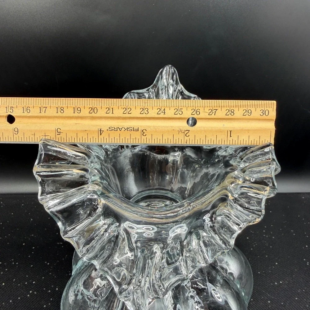Clear Glass Ruffled Vase Hobnail Lobed Pumpkin‎ Base Heavy 8 Inch Vessel VTG